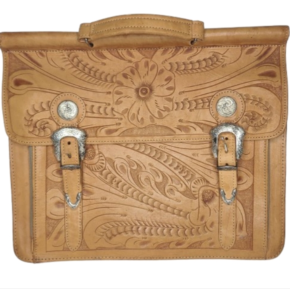 Force Ten Classic Tooled Floral‎ Boho Leather Briefcase - Picture 1 of 9